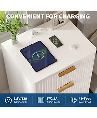 Gaomon Set of 2 Fluted Nightstand with Charging Station 3 Drawer Wooden Mid Century Modern End Table with Curved Corners for Bedroom Living Room