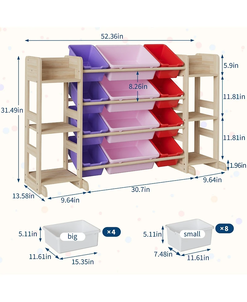 gaomon Kids Toy Storage Organizer 52.3" Wide Solid Wood Bookshelf Cabinet with 12 Removable Bins and 6 Shelves Cubby