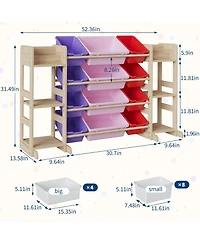 gaomon Kids Toy Storage Organizer 52.3" Wide Solid Wood Bookshelf Cabinet with 12 Removable Bins and 6 Shelves Cubby
