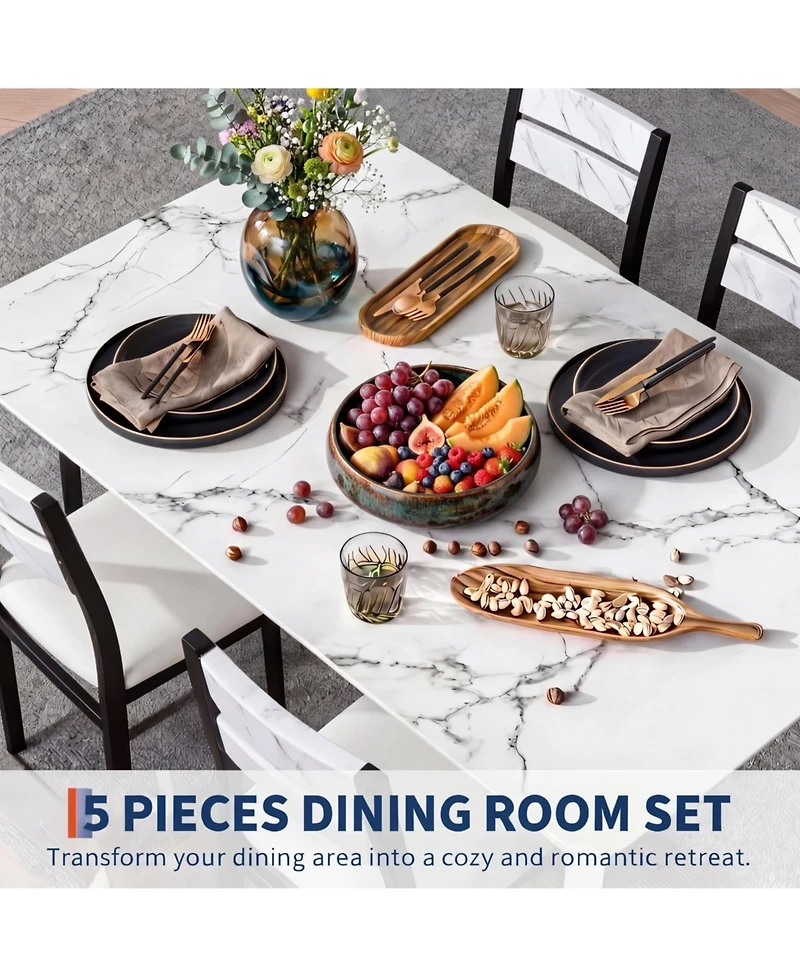 gaomon Dining Table Set 5 Piece White Modern Metal and Wood Space-Saving with Cushioned Chairs Chamfered Edge for Apartment Kitchen Breakfast Nook