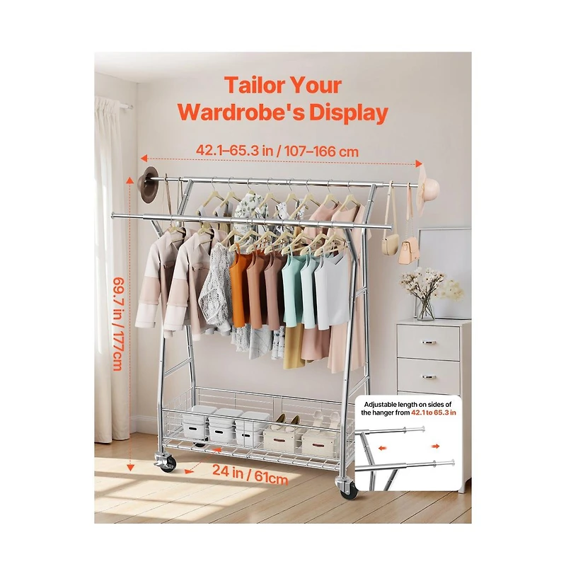 Slickblue Adjustable Rolling Garment Rack with Double Rods and Storage Basket for Laundry Room