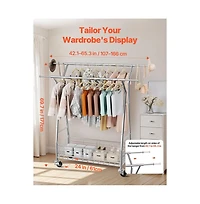 Slickblue Adjustable Rolling Garment Rack with Double Rods and Storage Basket for Laundry Room
