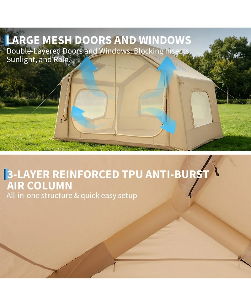Maxsa Inflatable Camping Tent with Roof Window & Stove Jack, Waterproof Blow Up Glamping Tent for Family & Friends Outdoor Gatherings