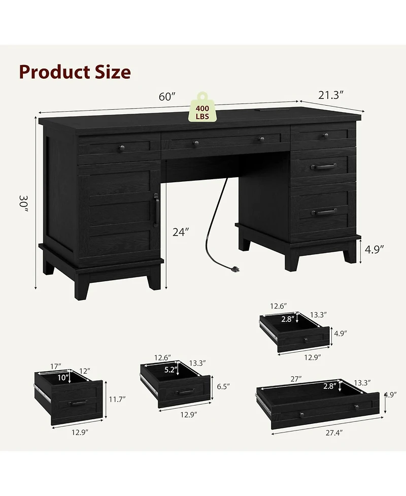60" Farmhouse Executive Desk with File Drawers, Charging Station and Cabinet Storage