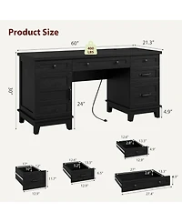60" Farmhouse Executive Desk with File Drawers, Charging Station and Cabinet Storage