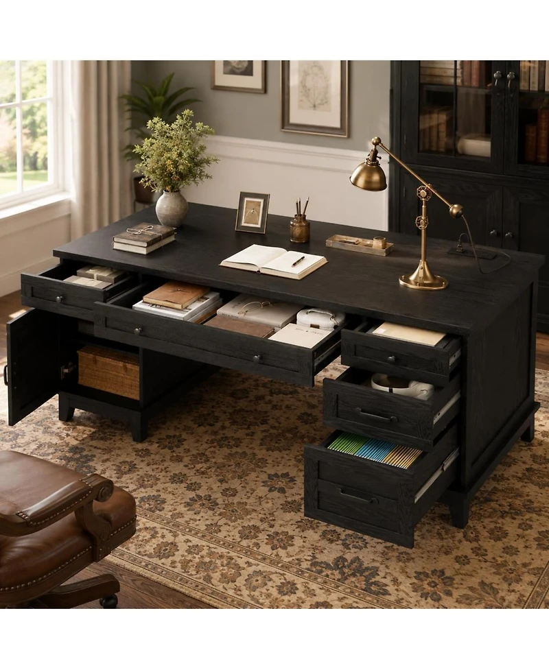 60" Farmhouse Executive Desk with File Drawers, Charging Station and Cabinet Storage