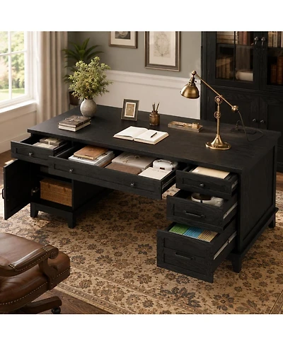 60" Farmhouse Executive Desk with File Drawers, Charging Station and Cabinet Storage
