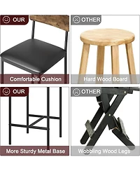 Faux Leather Bar Stools Set of 4 Counter Height 25.5" Black Kitchen Island Chairs with Backrest Footrest Metal Legs Cushioned Seat for Dining Room