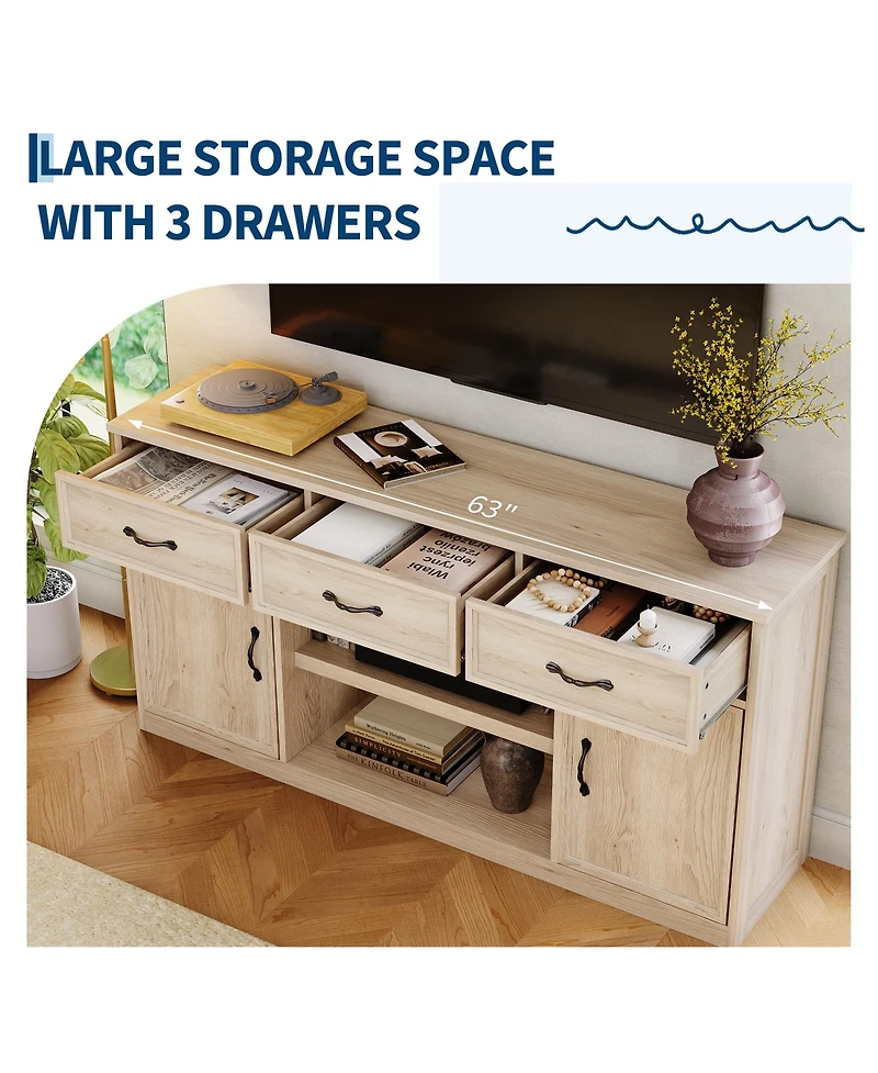 Tv Stand for Tvs Up to 65 in, Farmhouse TV Console with 3 Drawers, 2-Door Cabinets, Adjustable Shelves and Open Storage, Natural