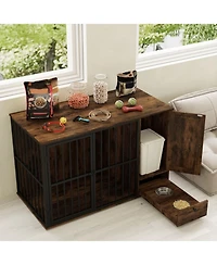 Sugift 47.5 Inch Dog Crate Furniture with Hidden Pull-Out Feeding Bowls Storage Cabinet and Lockable Door