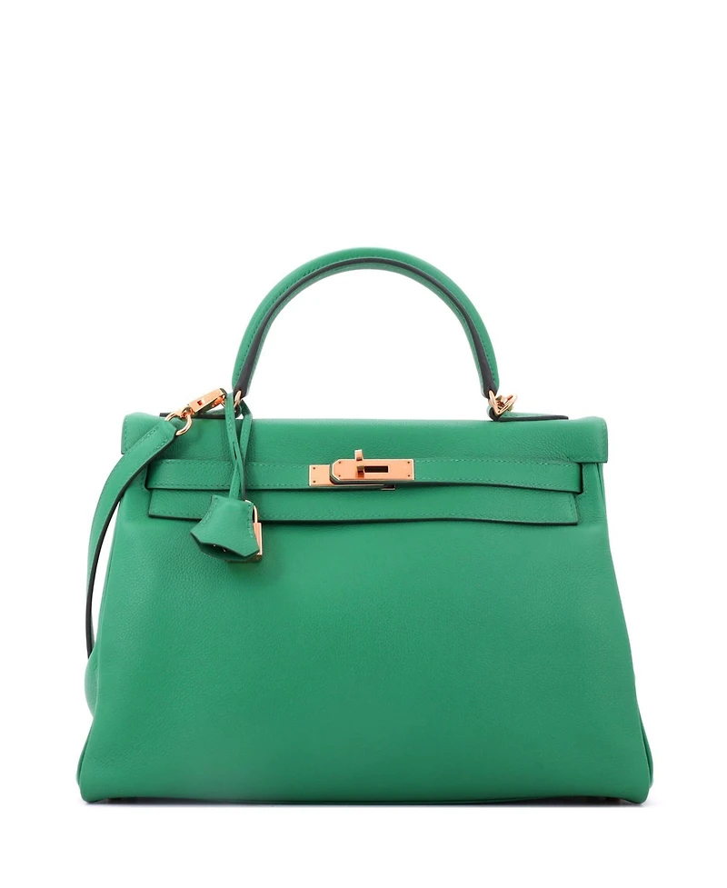 Pre-Owned Hermes Kelly 32 Handbag Green Evercolor with Gold Hardware