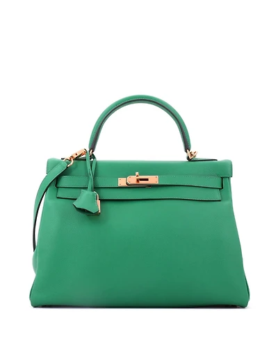 Pre-Owned Hermes Kelly 32 Handbag Green Evercolor with Gold Hardware