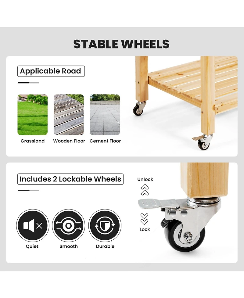 Sugift Wood Elevated Planter Bed with Lockable Wheels Shelf and Liner
