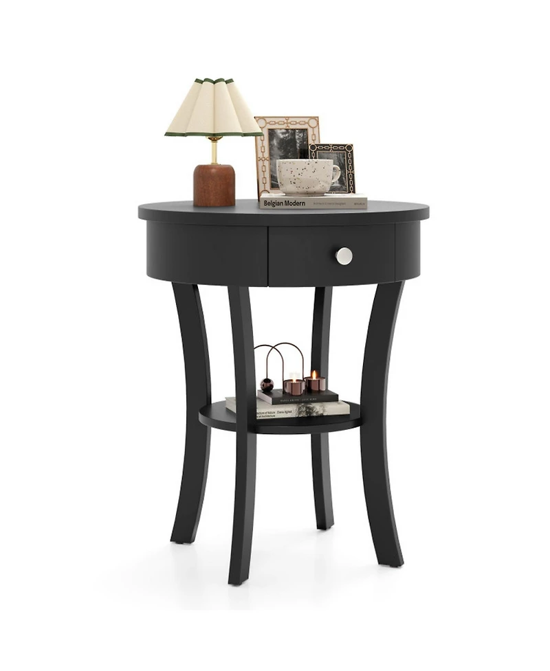 Sugift 2-Tier Round End Table with Open Drawer and Storage Shelf