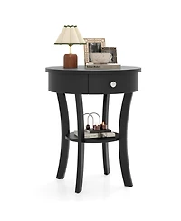 Sugift 2-Tier Round End Table with Open Drawer and Storage Shelf