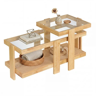 Sugift Set of 2 Nesting Coffee Tables with Tempered Glass Tops and Rattan Shelves