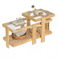 Sugift Set of 2 Nesting Coffee Tables with Tempered Glass Tops and Rattan Shelves