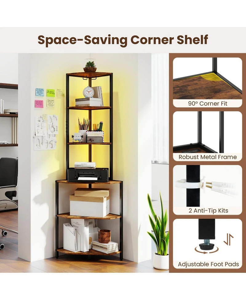 Sugift 65 Inch 6-Tier Corner Shelf with Charging Station Ambience Light and Stemware Rack