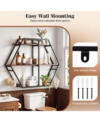 Sugift 3-Tier Geometric Wall Mounted Bookcase Hexagon Display Shelf with 4 S-Shaped Hooks