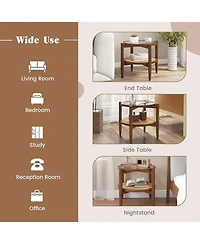 Sugift Set of 2 Rattan Round Side End Tables with Tempered Glass Tabletop 2-Tier Storage Design