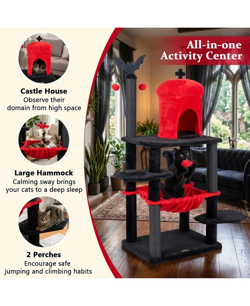 Sugift Gothic Cat Tree 51 Inch Multi-Level Castle Tower with Spider Hanging Toy and Hammock