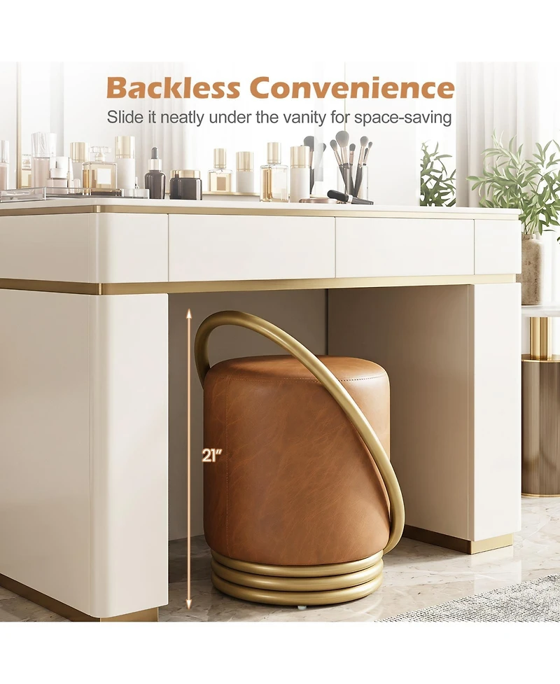 Gymax Round Vanity Stool Faux Leather Makeup Chair with Halo Design for Bedroom