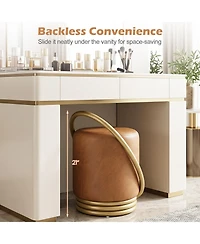 Gymax Round Vanity Stool Faux Leather Makeup Chair with Halo Design for Bedroom