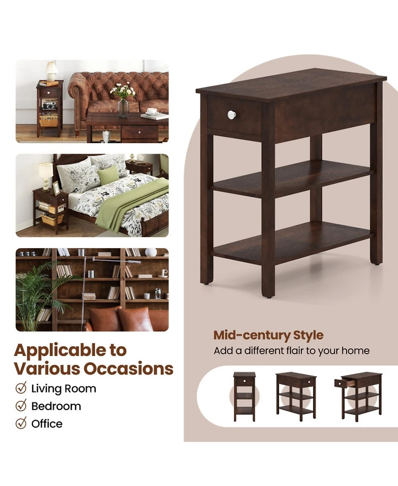 Sugift 3-Tier Narrow End Table with Pull-Out Drawer and Storage Shelves