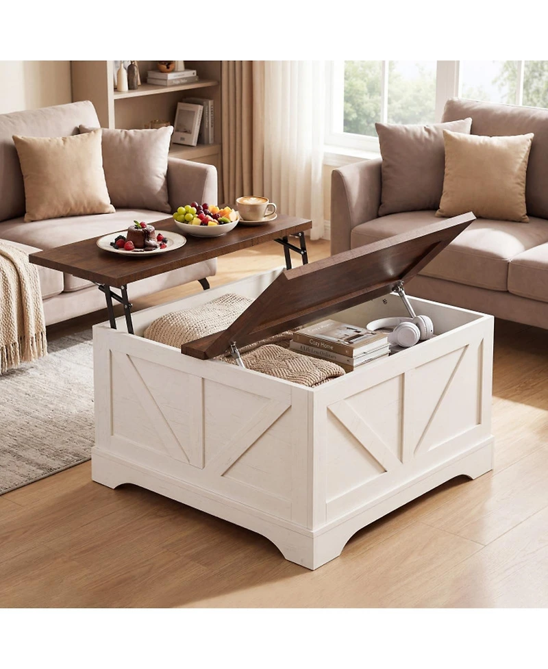 Sugift 31.5 Inch Square Lift Top Coffee Table Farmhouse Barn Door Design with Hidden Compartment