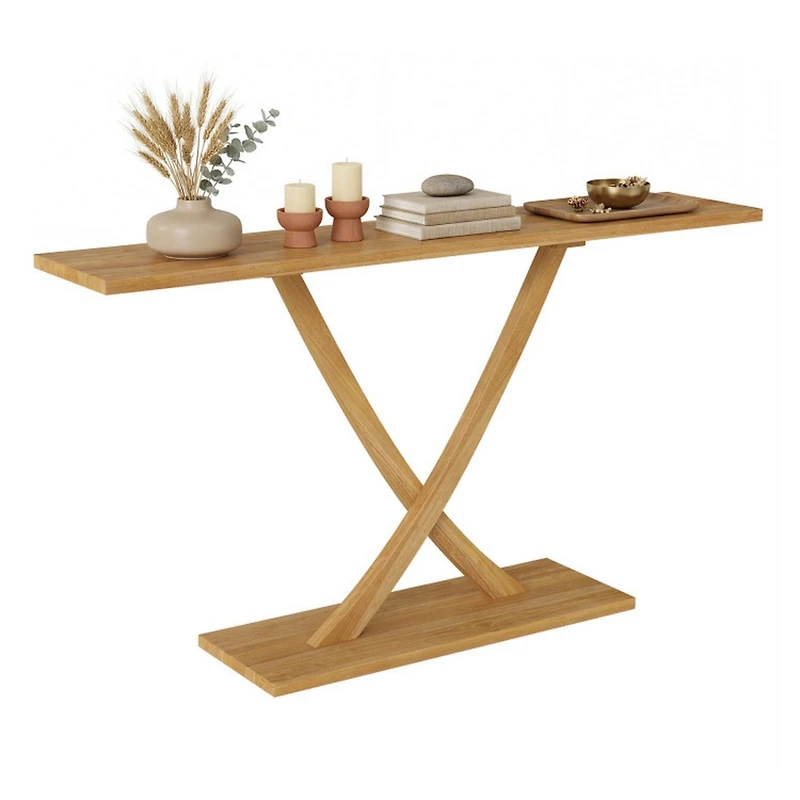 Sugift 57 Inches Solid Teak Wood Console Table with Geometric Open Frame for Entryway