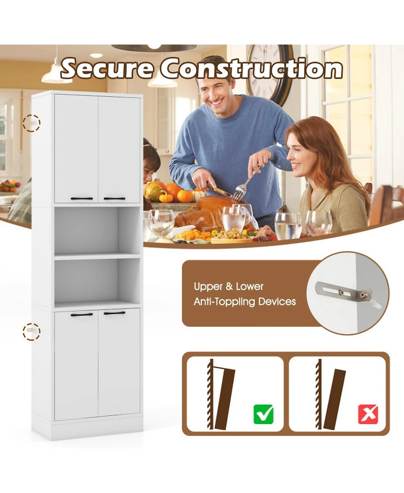 Sugift 75 Inch Freestanding Kitchen Pantry Cabinet Tall Cupboard with 4 Doors and Shelves