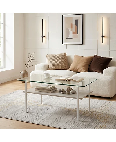 Streamdale Furniture Modern Glass Coffee Table with Wood Shelf and White Metal Legs
