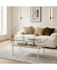 Streamdale Furniture Modern Glass Coffee Table with Wood Shelf and White Metal Legs