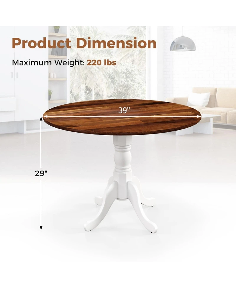 Sugift Wooden Dining Table with Round Tabletop and Curved Trestle Legs Solid Rubber Wood Kitchen Table