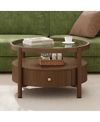 Streamdale Furniture Solid Wood Round Glass Top Coffee Table with Storage Drawer