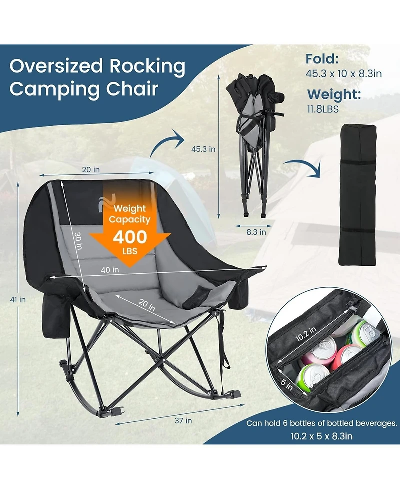 Aboron Oversized Rocking Camping Chair, Folding Chair,Fully Padded Patio Chair with Cooler BagandSide Pocket,Portable Outdoor Recliner