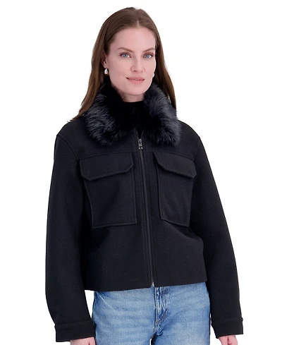Tahari Women's Detachable Faux-Fur Collar Cropped Coat