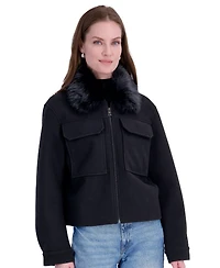 Tahari Women's Detachable Faux-Fur Collar Cropped Coat