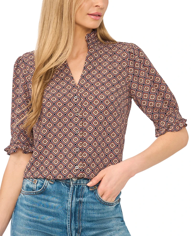 CeCe Women's Ruffle V-Neck Elbow-Length Blouse