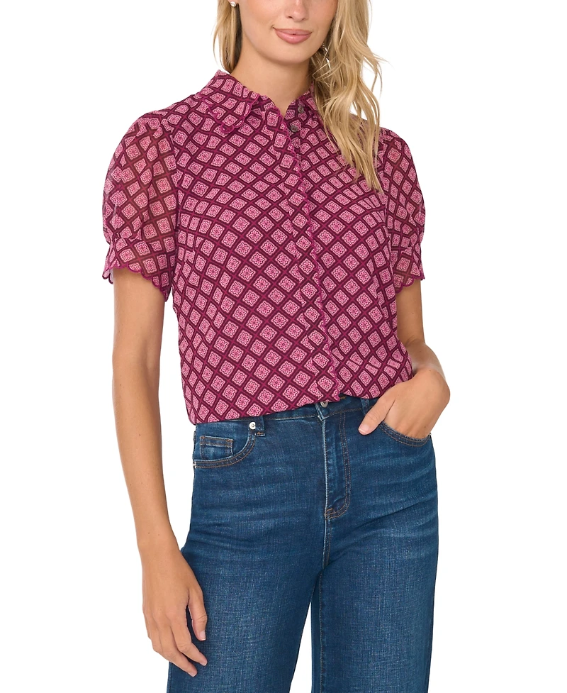 CeCe Women's Short-Sleeve Scallop Trim Button Up Blouse