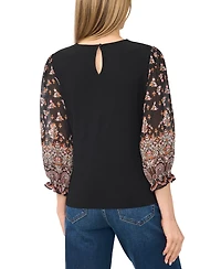 CeCe Women's Mixed Media Crew Neck Long-Sleeve Puff-Sleeve Blouse
