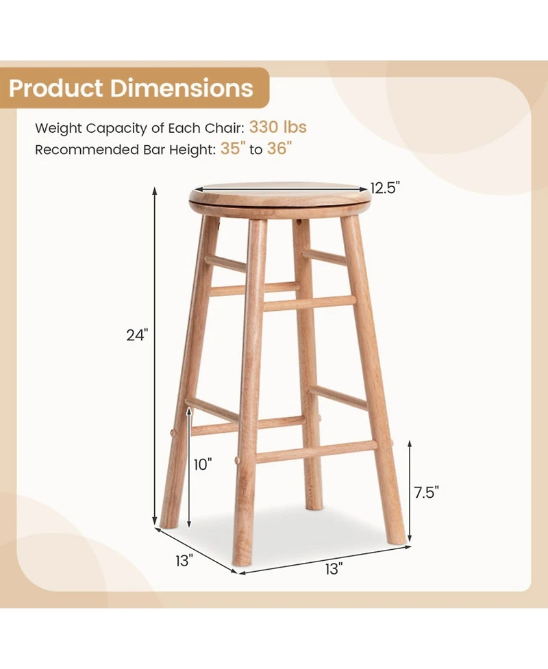 Sugift Rubber Wood Swivel Bar Stools Set of 2 Counter Height 24 Inch Round Seats with Footrests