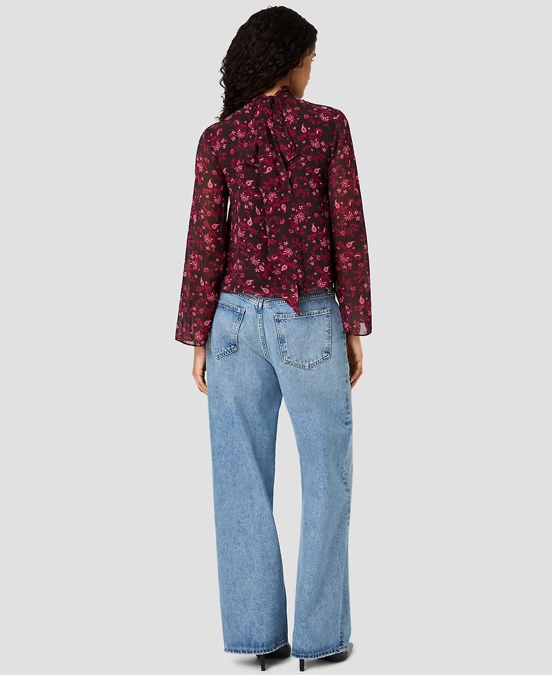 French Connection Women's Marina Chiffon Bow Long-Sleeve Mock-Tie Neck Floral-Print Blouse