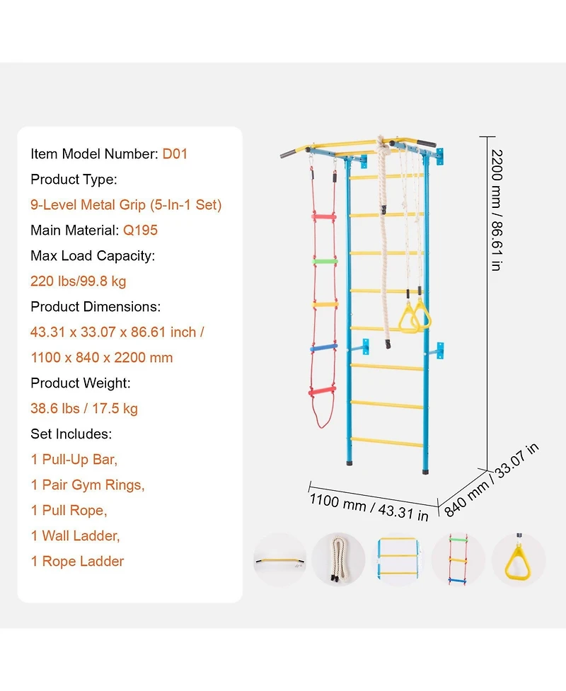 Zeny Indoor Jungle Gym for Toddlers, 5-in-1 Climbing Playset with Carbon Steel Swedish Ladder, Wall Ladder, Pull-Up Bar