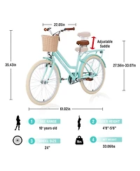 ECHTPeak 24 Inch Girls Bike with Basket, Single Speed Kids' Bicycles, with Rear Rack Bell, No Training Wheels Included, for 10 Plus Yrs Old Girls Bike
