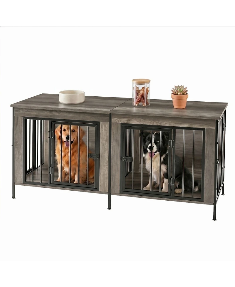 Zeny Double Dog Crate Furniture with Divider, Heavy Duty Pet Kennel End Table Tv Stand