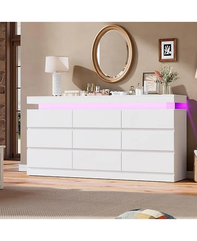 gaomon 9-Drawer Dresser - 63" Wide Chest with Led Light and Charging Station, Multi-Function Tv Stand Organizer for Living Room and Hallway