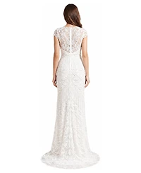 Lara Women's Cap Sleeve Bridal Beaded Gown with Fringe
