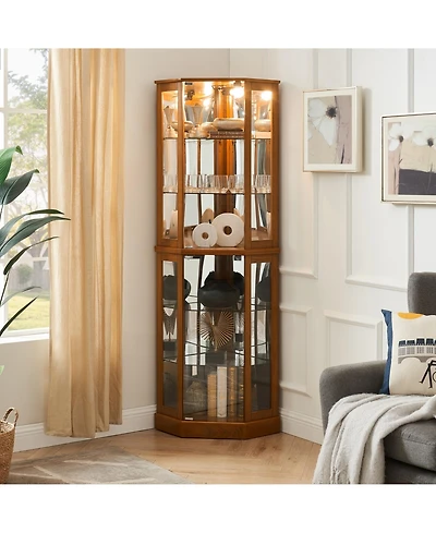 Clihome 6-Shelf Lighted Corner Curio Cabinet with Mirrored Back and Adjustable Shelves