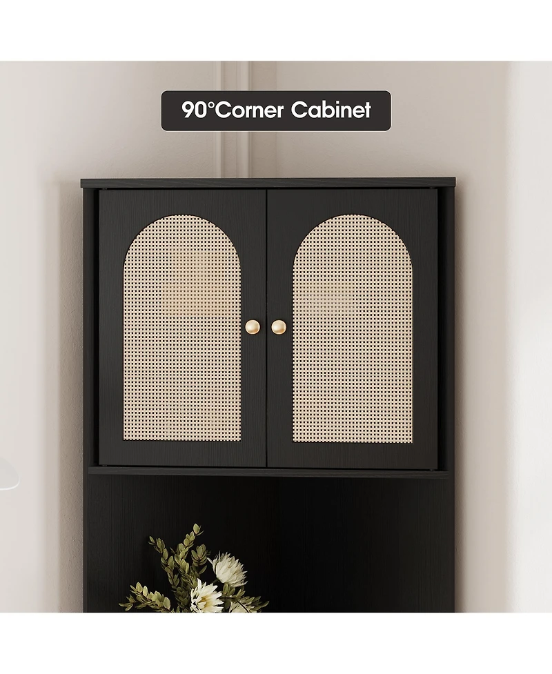 Vabches 67" H Tall Corner Cabinet, Rattan Storage Cabinet with Adjustable Shelves, Corner Bookshelf